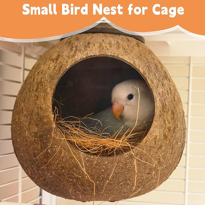 Coconut Bird Nest for Cage Natural Coconut Shell Birds House 2 Pack Parakeet Small Coconut Hide Breeding Hut Bird Cage Accessories for Parrot Lovebirds Budgies Cockatiel Conure Finch Canary