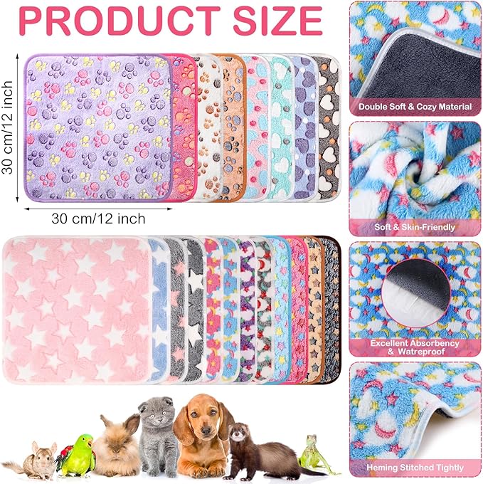 Newwiee 20 Pcs Waterproof Small Pet Fleece Blanket Bulk Washable Small Animal Cage Bedding Guinea Pig Puppy Dog Cat Pee Pad Liner Accessories(Assorted,12 x 12 Inch)