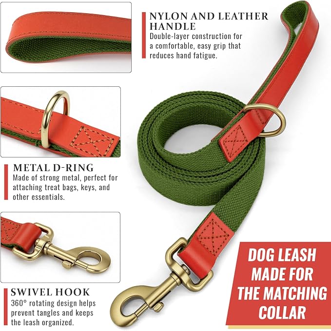 Nylon Dog Leash and Collar Set with Metal Quick Release Buckle, Adjustable, Durable High-Density Fabric, Breathable, Soft and Comfortable, No Pull for Walking and Training, Green, XL (16.9"-26")