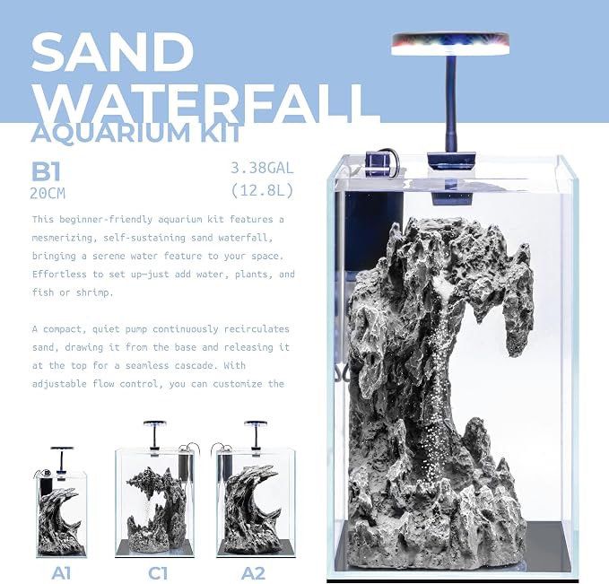Sand Waterfall Tank Kit - Silent Operation Falling Sand Fish Tank w/LED Light and Self Cleaning Filtration - Desktop Rimless Starter Aquarium Kit, Just Add Plants - 3.38GAL | 12.8L (B1)