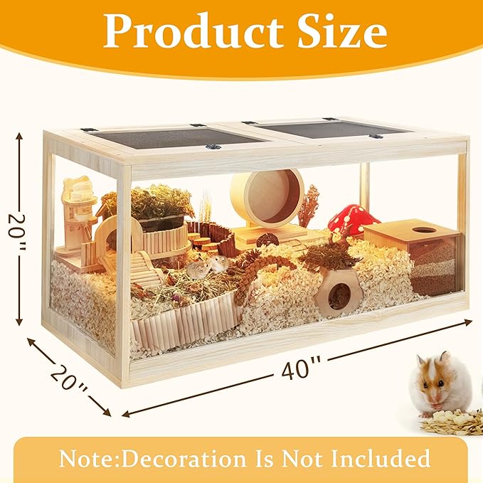PROLEE Hamster Cage with Metal Mesh Top, Chewproof Wooden Guinea Pig Cages, Mice and Rat Habitat,Large Hamster Cages with Acrylic Sheets Solid Built (40X20X20 Inch)
