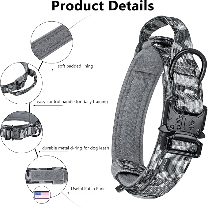 DAGANXI Tactical Dog Collar, Adjustable Military Training Nylon Dog Collar with Control Handle and Heavy Metal Buckle for Medium and Large Dogs, with Patches and Airtags Case (XXL, Camo)