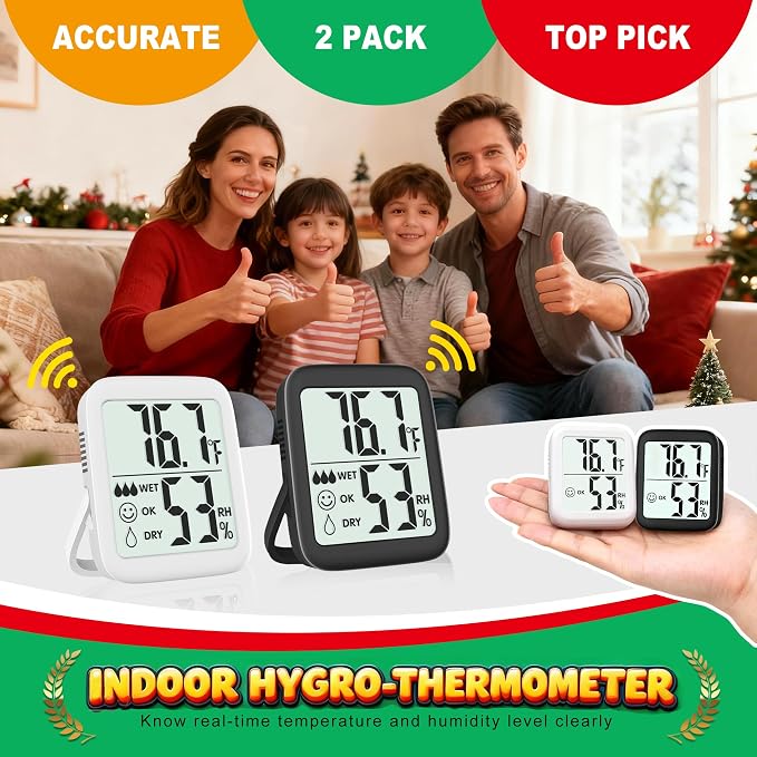 2 Pack Room Thermometer Indoor Hygrometer | Monitor Temperature & Humidity, Accurate, Fast Read, Easy To View, Magnetic/Kickstand/Hanging, ℉/℃, w/ Battery, Compact