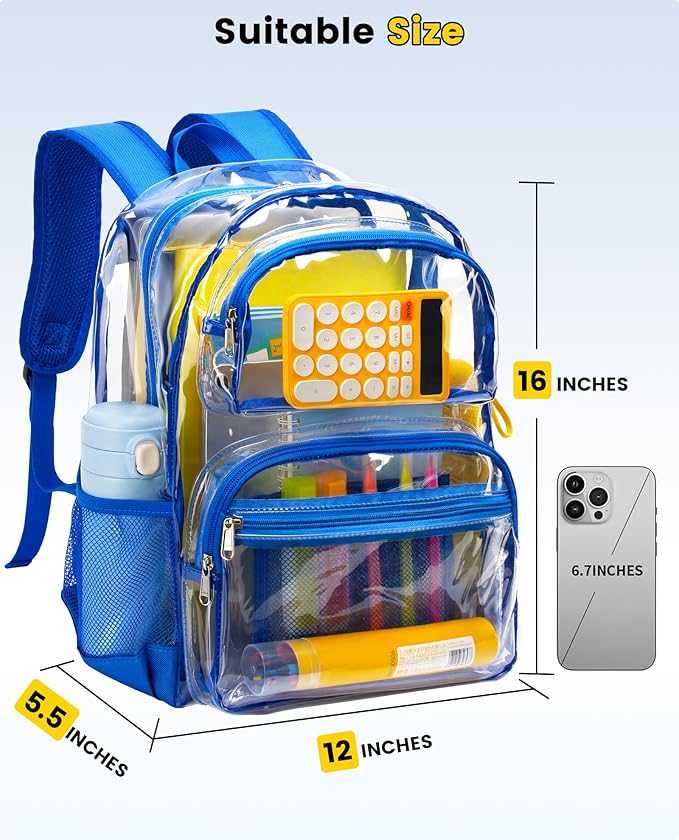 Vorspack Clear Backpack for School - Heavy Duty See Through Bookbag for Girls Boys Large Transparent Backpacks for Work, Travel - Blue