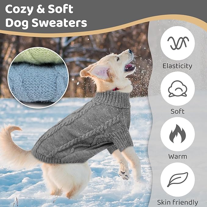 Queenmore Small Dog Pullover Sweater, Cold Weather Cable Knitwear, Classic Turtleneck Thick Warm Clothes for Chihuahua, Bulldog, Dachshund, Pug (Slate Grey, X-Large)