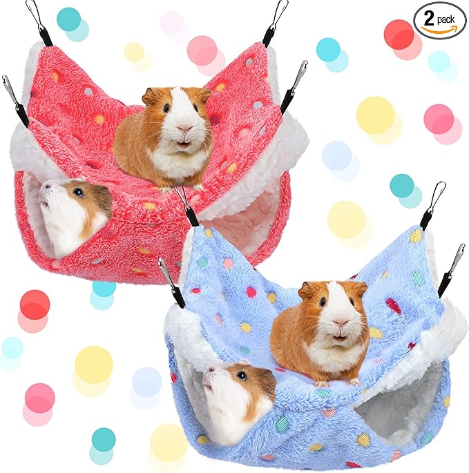 BOAO 2 Pcs Guinea Pig Rat Hammock Guinea Pig Hamster Ferret Hanging Hammock Accessories for Small Animals Chinchilla Parrot Sugar Glider Ferret Squirrel (Hot Pink,Blue,Dot Pattern)