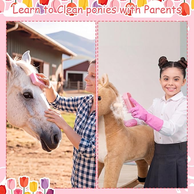Stick Horse Grooming Kit - 7-in-1 Set with Storage Bag, Brushes, Combs & High-Density Sponge for Plush & Long Mane Care - Pink Nordic Style