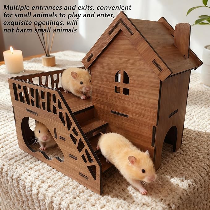 Wooden Hamster Cage, Multi-Chambered Natural Wood Hamster House with Underground Platform & Balcony, Chewable Maze-Like Habitat for Hamsters, Mice, Dwarf Hamsters