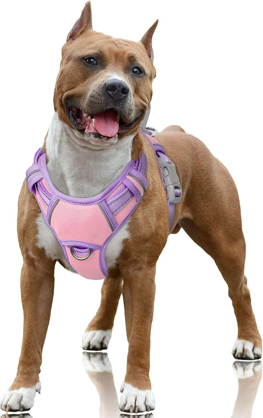 BARKBAY No Pull Dog Harness Large Reflective Dog Harness with Front Clip and Easy Control Handle for Walking Training Running with ID tag Pocket(Baby Pink & Violet Purple,L)