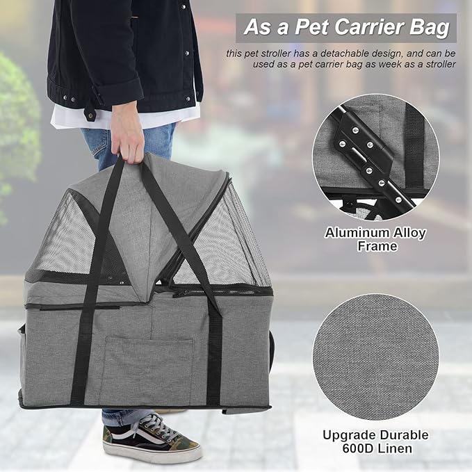 BestPet 3-Wheels Pet Stroller - Dog & Cat Premium 3-in-1 Multifunction Detachable Carrier Lightweight Folding Travel Stroller, Grey