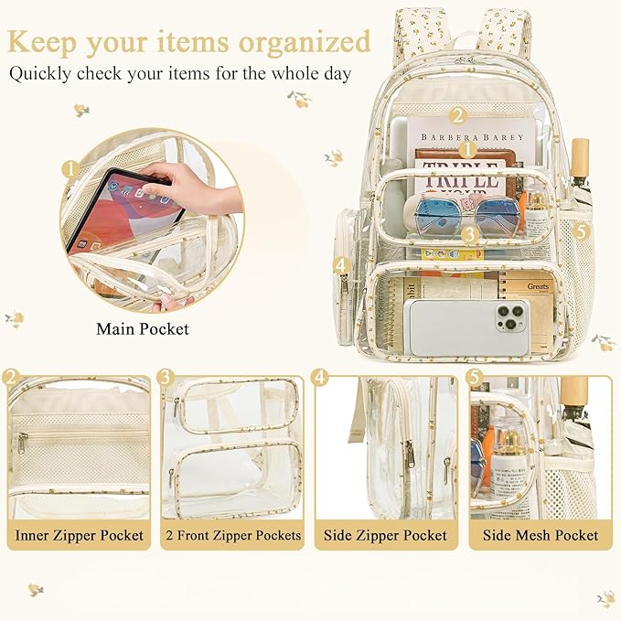 CAMTOP Clear Backpack Heavy Duty Transparent Bag See Through BookBag for Student School Work Festival Sport Travel (Beige Flower)