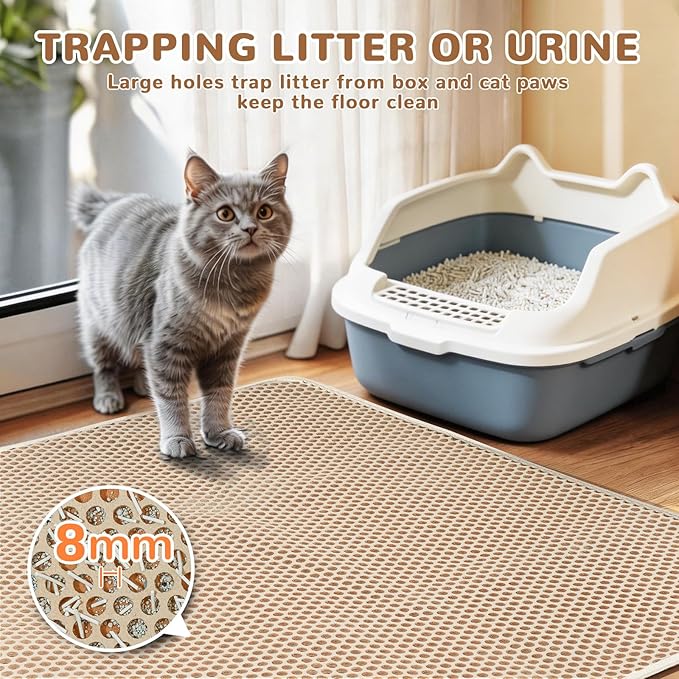 BurgeonNest Cat Litter Mat 47"x35", Machine Washable Leak-Proof & Urine-Resistant Cat Mat, Soft Felt Fabric for Fewer Creases, Non-Slip Double Layer Design for 3-4 Litter Boxes, Khaki
