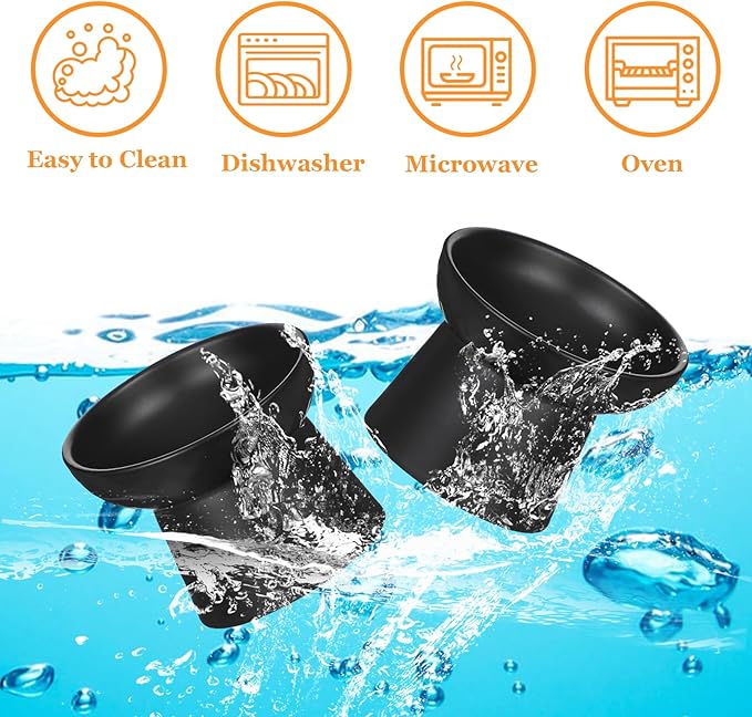 2PCS Anti-Tip Ceramic Pet Slanted Bowls – Elevated Tilted Cat Food & Water Bowls Set, Non-Slip Stress-Free Feeder for Cats & Small Dogs, Dishwasher and Microwave Safe (Black)
