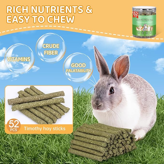 VESPRO 52Pcs Rabbit Chew Sticks, Guinea Pig Toys, Natural Timothy Grass Molar Teeth Stick, Guinea Pig Timothy Hay, Chew Toys for Bunny, Rabbits, Hamsters, Small Animals Treats