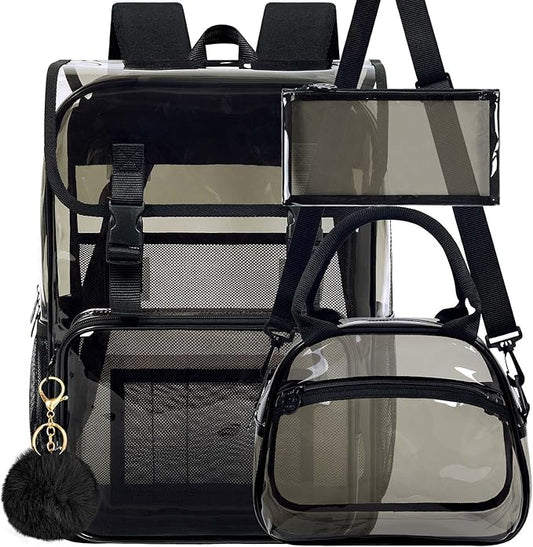 17" Flip Top Clear Backpack, Stadium Approved 3Pcs Set, Heavy Duty Transparent Bookbag for Gym/Concert (Dark Black)