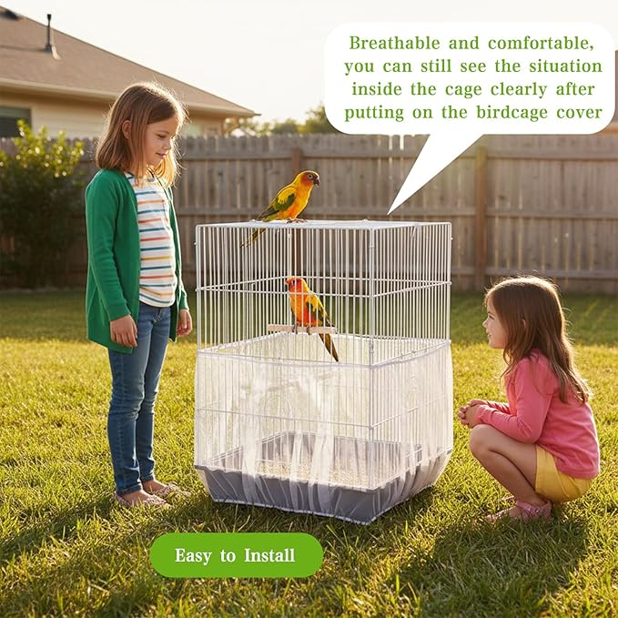 2 Pcs Bird Cage Netting Seed Catcher, Adjustable Bird Cage Skirt Birds Cages Net White Polyester Splash Guard for Parrot Finch Cages