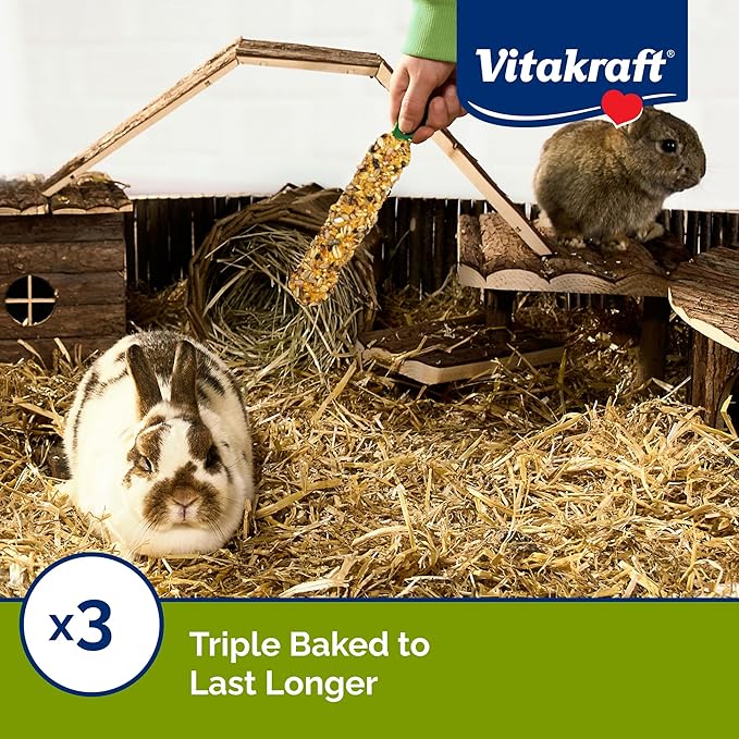 Vitakraft Crunch Sticks Rabbit Treat – 2 Sticks - Whole Grains And Honey Flavor Triple Baked With Natural Wood Chew Center - Added Vitamins And Minerals - Cage Clip Holder - Helps Prevent Cage Boredom