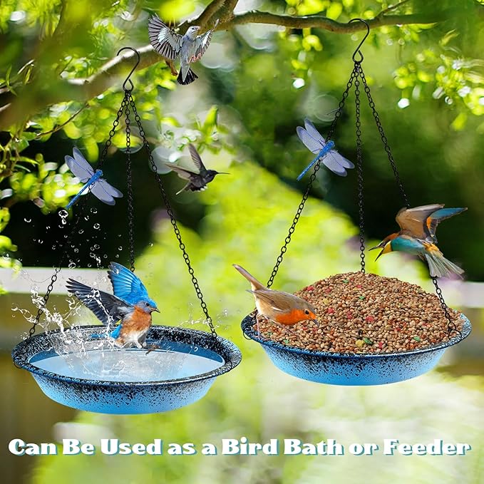 Hanging Bird Bath for Outdoors 11.4 inch Metal Birdbath Bowl with Detachable Black Chains & Hook Outdoor Hanging Bird Feeder for Tree, Window, Patio, Backyard, Gift for Bird Lovers (Blue)