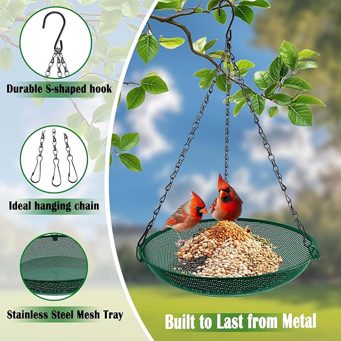 Hanging Bird Feeder for Outdoors – 12 in Platform Bird Feeder, Metal Mesh Seed Tray for Wild Birds, Green
