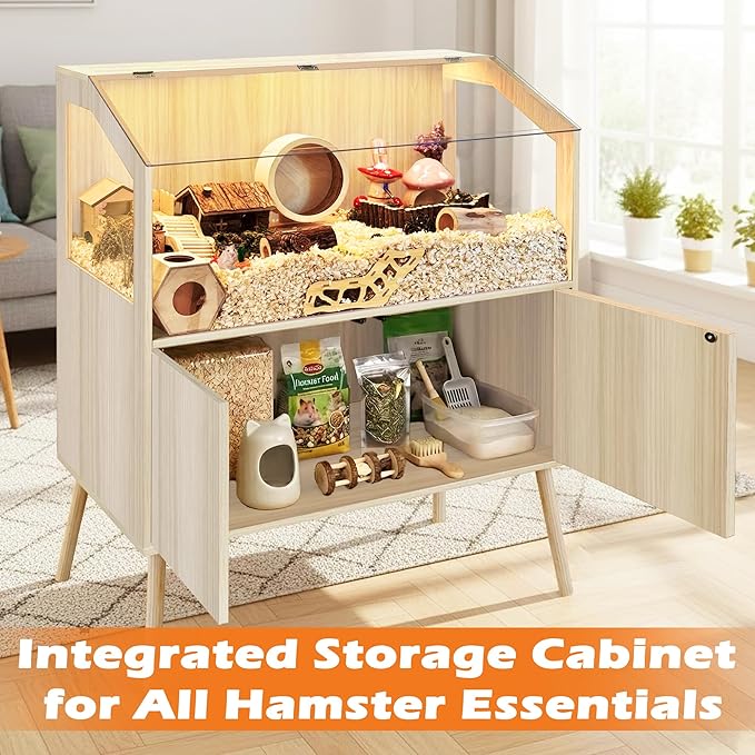 PROLEE Hamster Cage with Storage Cabinet,Large Hamster Encloure Chew Proof Wood,Clear View Hamster Habitat for Guinea Pig, Ferret, Rat, Hedgehog, 40" L x 20" W x 47" H (Oak)