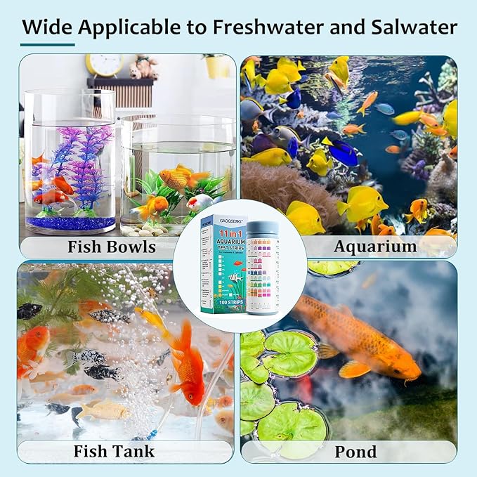 Aquarium Water Test Kit 11 in 1,100 Counts Ammonia Aquarium Test Kits Fish Tank Test Strips Freshwater & Saltwater pH Testing Strips for Ammonia,