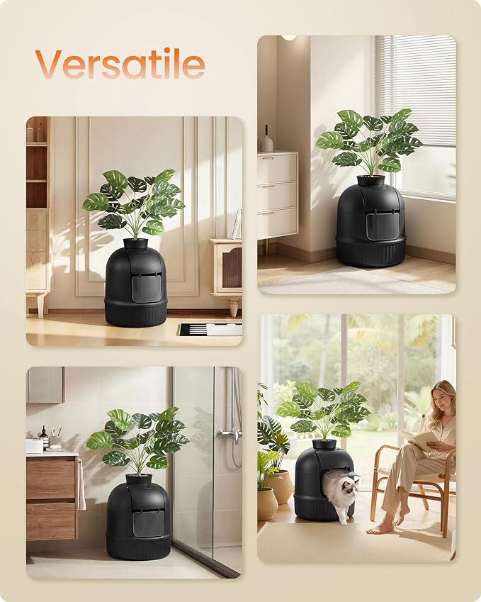 Feandrea Plant Cat Litter Box Enclosure with Artificial Plant, Enclosed Hidden Litter Box Furniture with Door, Carbon Filter, Odor Control, Pebbles, Scoop, Brush, Ink Black UPPT006B101