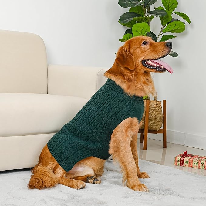 2 Pack Dog Sweaters for Large Dogs Winter Turtleneck Pullover Cable Knit Fleece Stretch Pitbull Labrador Golden Retriever Doberman Bulldog Boy Girl Pet Clothes (XXL, Green & Brown)