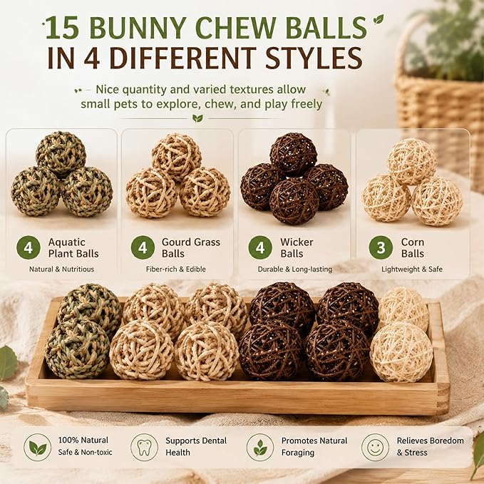 Skylety 15 Pieces Bunny Chew Balls for Rabbits, Small Animal Rolling Grass Toys and Treats for Guinea Pigs, Chinchillas, Hamsters, Mice, Teeth Grinding, Gnawing and Play(Classic Style,2.76")