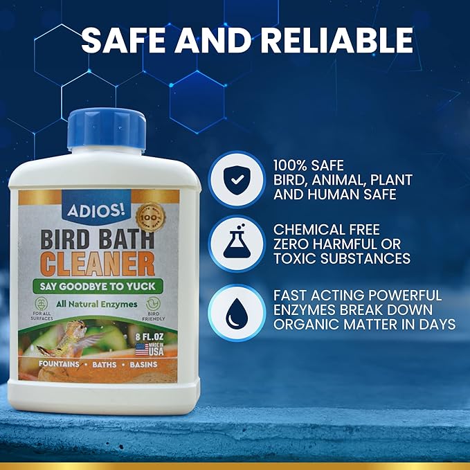 ADIOS! Bird Bath Cleaner for Outdoor Fountains and Bowls, Safely Cleans Metal, Glass and Stone (32oz)