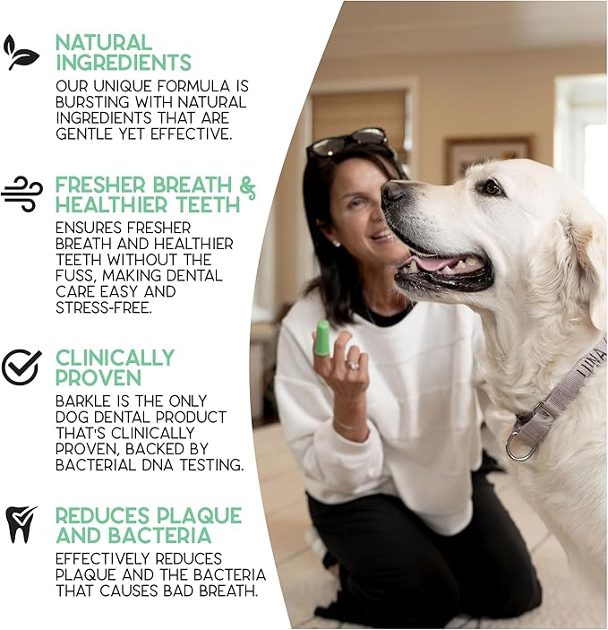 Barkle Vet Reviewed Dog Teeth Cleaning Gel Kit | Eliminate Plaque, Tartar & Bad Breath | Mint Dog Breath Freshener Gel | Puppy & Small Breed Safe | Free Finger Cot Brush (Tube is a 60 Day Supply)