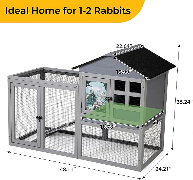 48" L Large Rabbit Hutch Outdoor Indoor, Expandable 2-Story Wooden Bunny Cage with Run, Removale Tray, 3 Entrances, Grey&Air Purifier