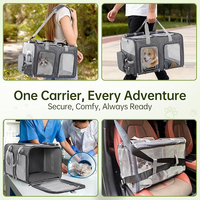 Cat Carrier for 2 Cats - Double Pet Carrier Extra Large, Dual Cabin Multi Cat Travel Carrier with Removable Divider, Collapsible, Can Hold 20 30 40 lbs for Two Small Kitten, a Medium Dog Gray