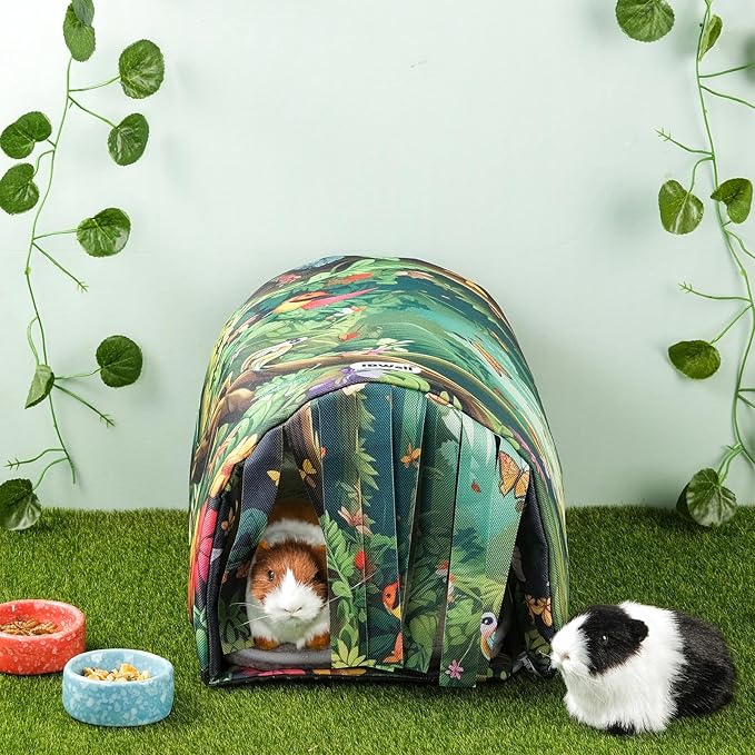 IBWell Guinea Pig Hideout Tunnel with Curtains Cute Forest Bunny Hideaway for Cage Accessories Washable Soft Hedgehog Hides and Houses