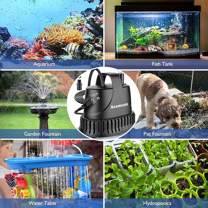 400GPH Fountain Pump, 20W Submersible Water Pump, Aquarium Pump, 1500L/H Water Pump with 7ft Power Cord for Aquarium, Water Table, Waterfall, Fish Tank, Pond, Hydroponics