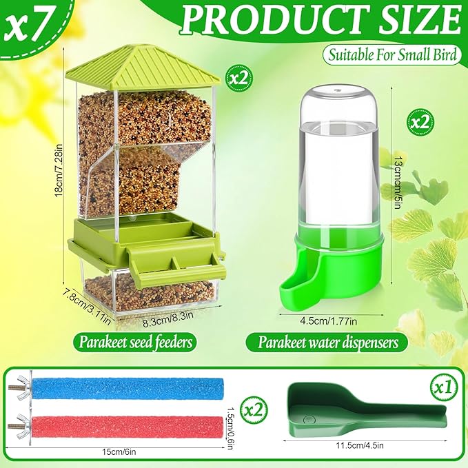 Novabright 7 Pcs No Mess Bird Feeder Water Dispenser Set Include Automatic Parakeet Feeder and Drinker with Bird Paw Grinding Stick Cage Accessories for Small Medium Cockatiel Lovebird(Cute,Green)