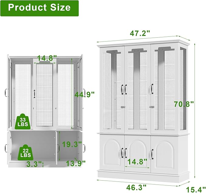 70.8" Tall White Bird Cage with Storage Cabinet, Large Flight Parrot Cage with Lock and 4-Sided Metal Mesh Design, DIY-Friendly, 47.2" Wide Bird Cages for Parakeets, Cockatiels, Finches
