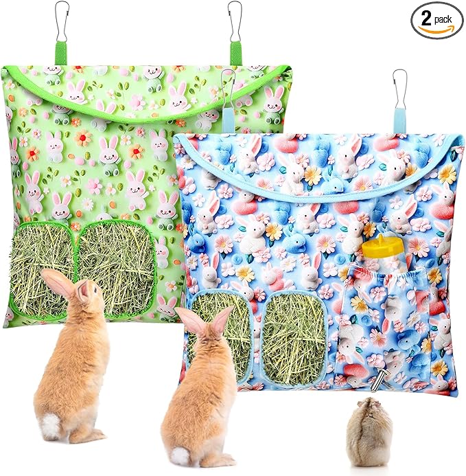 UPINS 2 Pack Hay Bag for Rabbits 2-Hole Hanging Hay Feeder Guinea Pig Hay Bags, Hay Feeder for Rabbits Chinchillas Hamsters Small Pets and Animals