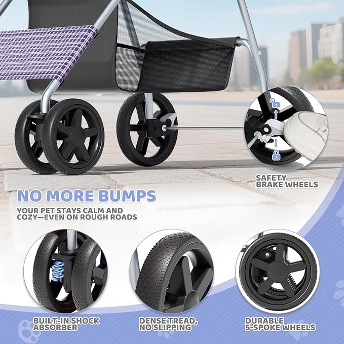 Magshion Foldable Pet Stroller, 3-in-1 Dog Travel Jogger with Detachable Carrier, Cup Holder, Storage Basket, Folding Carrier for Small/Medium Dogs & Cats Up to 33 lbs, Plaid