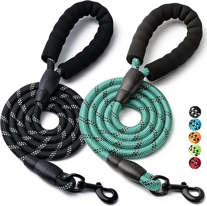 2 Pack Dog Leash, 4/5//6 FT Heavy Duty Nylon Rope Pet Leashes with Comfortable Padded Handle, Reflective Dog Leashes for Small Medium and Large Dogs (5FT-1/2,Black/Turquoise)