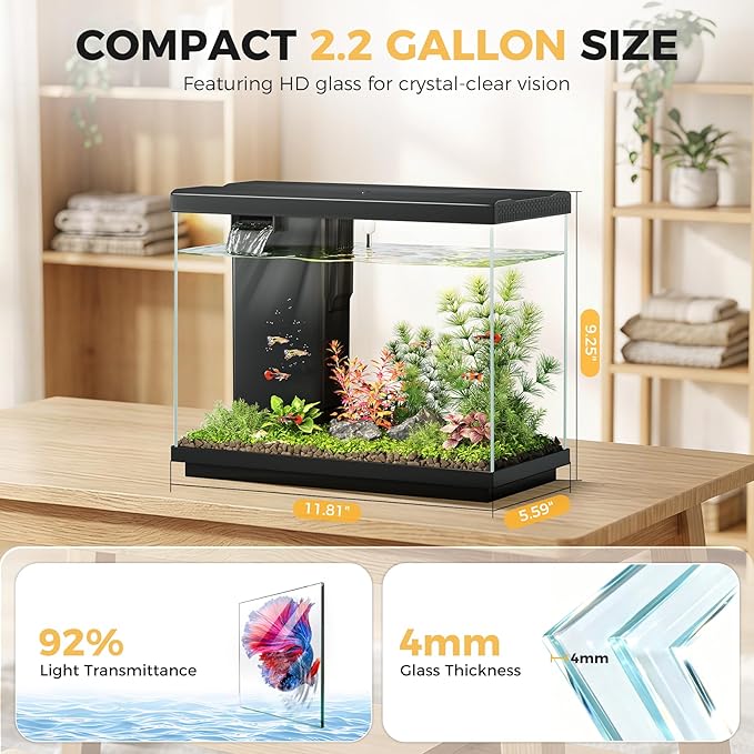 2.2 Gallon Small Fish Tank, Betta Fish Aquariums Black | with 4-in-1 Filter Pump, LED Light, Temperature Display, Fan & Surface Intake Design, for Home Office, Beginner Friendly