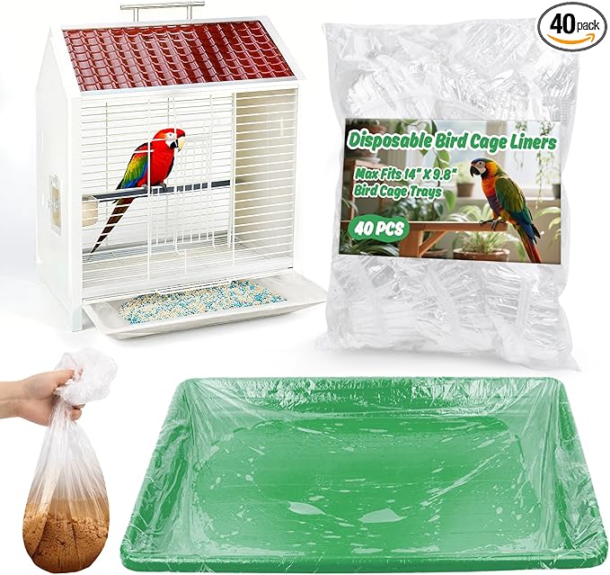 RAINFLOW Disposable Bird Cage Liner - 40PCS Elastic Plastic Small Animal Cage Liners Waterproof Easy to Clean Leakproof for Portable Birdcage Litter Box Liners for Parakeet Hedgehog Hamster (14x9.8in)