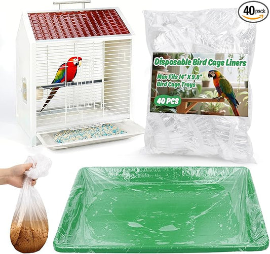 RAINFLOW Disposable Bird Cage Liner - 40PCS Elastic Plastic Small Animal Cage Liners Waterproof Easy to Clean Leakproof for Portable Birdcage Litter Box Liners for Parakeet Hedgehog Hamster (14x9.8in)