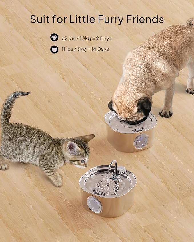 PEKTACO Stainless Steel Cat Water Fountain, 3.2L/108oz Cat Water Dispenser with Quiet Water Pump, Dishwasher Safe Pet Drinking Fountain for Cats with 6 Filters + 6 Sponges