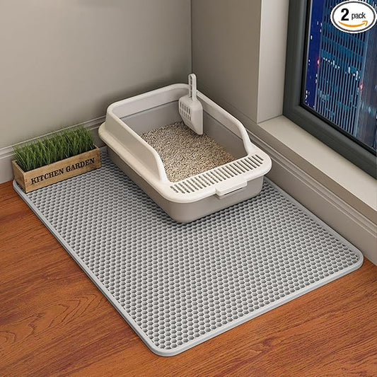HCY&WLD 2-Pack Cat Litter Mat, Double Layer Honeycomb Waterproof Urine Proof Non-slip Litter Trapping Mat, Less Waste, Easy to Clean Cat Litter Box Mat, Kitty Indoor Supplies (Gray, 30x22 Inches)