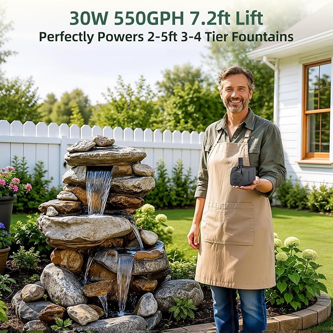 Reliable Waterfall Fountain Pump：Run 24/7 for Stable Circulation | 30W 550GPH 7.2ft Adjustable for 2-5ft 2-4 Tier Fountain & 185℉ Dry Burn Safe - 20dB Ultra Quiet Only Natural Water Sound