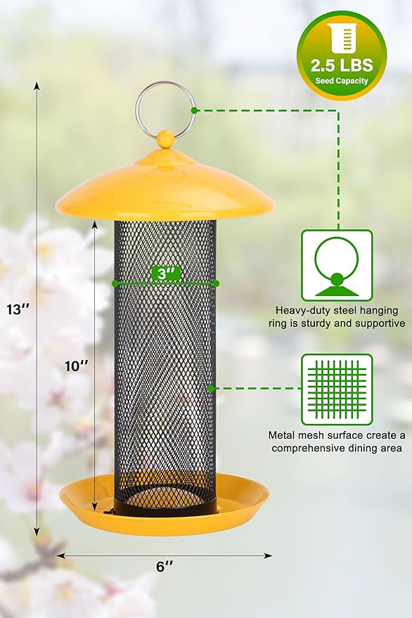 Gtongoko Finch Bird Feeders for Outdoors 2.5 LB Capacity Squirrel Proof Metal Mesh Tube Bird Feeders Thistle & Nyjer Seed Hanging Feeder, Yellow, 1 Pack