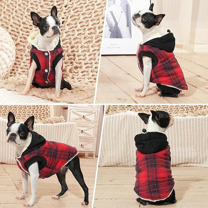 Vecomfy Fleece Lining Dog Hoodie for Small Dogs Extra Warm Plaid Sweater with Drawstring Hooded Coats in Winter Puppy Jacket,Red S