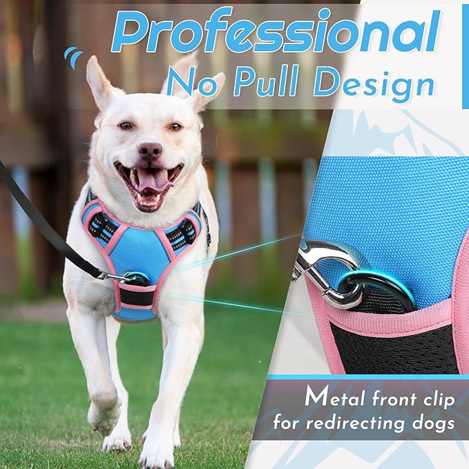 Eagloo Dog Harness for Large Dogs, No Pull Service Vest with Reflective Strips and Control Handle, Adjustable and Comfortable for Walking, No Choke Pet Harness with 2 Metal Rings, Pink & Blue, L