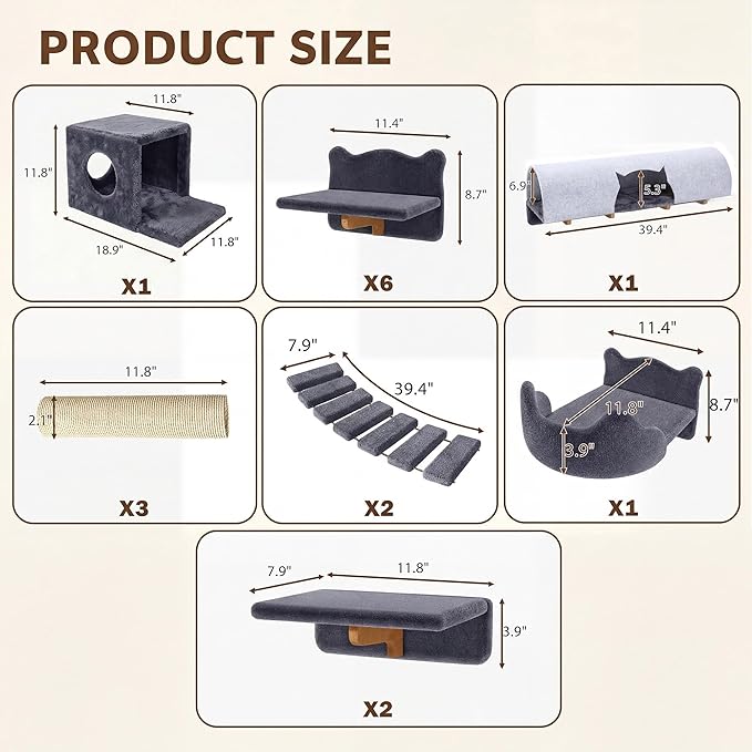Cat Wall Shelves, Wall Mounted Cat Shelf Furniture with Plush Fabric(16 Piece Set), Cats Furniture with 40''L Tunnel, Condos, House, Steps, Bridge Ladder and Scratching Post, Grey