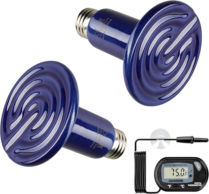 Simple Deluxe 150W 2-Pack Ceramic Heat Emitter Reptile Heat Bulb No Light, LCD Digital Aquarium Thermometer, for Reptile Amphibian, 2 Pack + Thermometer, Royal Blue